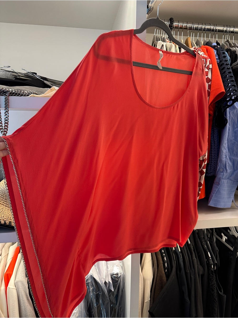 Women’s Red Scoop-Neck Tunic Top with Chain Trim